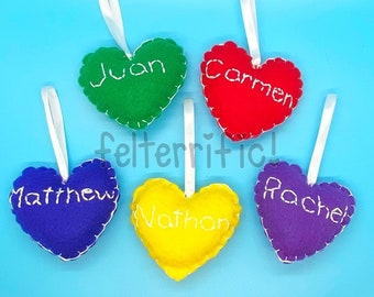 Handmade Felt Personalized Family Embroidered Heart Ornaments