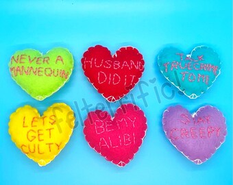 True Crime Valentines Day Felt Conversation Heart Embroidered Ornaments Choose 1, 2, 4 or set of 6
