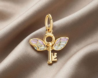 Sterling Silver Fairy Key Charm, Gold Wings, Enamel Fantasy Pendant, Pandora Compatible Bead