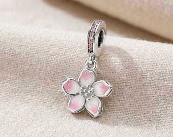 Cherry Blossom Dangle Charm, S925 Sterling Silver Sakura, Pink Enamel Flower Charm, Compatible with Pandora Bracelets, Jewelry Gift for Her