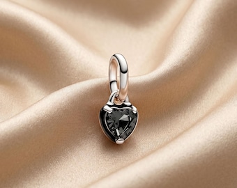 Sterling Silver Black Heart Charm, Crystal Pendant, Gothic Bracelet Bead (Compatible with Pandora)