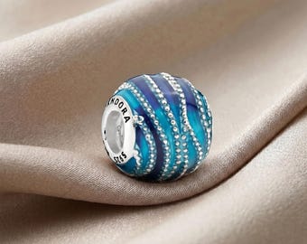 Blue Murano Glass Charm, S925 Sterling Silver Ocean Wave Bead, Handmade Glass, Compatible with Pandora Bracelets, Sea Inspired Jewelry Gift