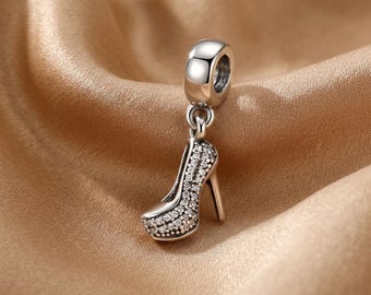 Pavé Pave Heel Charm, 925 Sterling Silver Charm, Paved Stiletto Pendant, Compatible with Pandora Bracelet, Gift for Her
