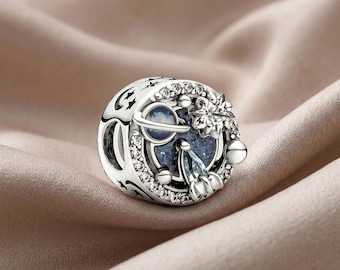 Celestial Galaxy Charm, Planet & Star Bead with Blue Crystal, Space Universe Charm, Compatible with Pandora Bracelets, Astronomy Gift