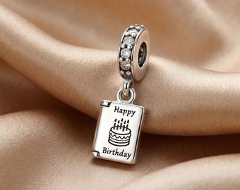 Happy Birthday Book Charm, 925 Sterling Silver Birthday Dangle, Birthday Cake Charm, Compatible with Pandora Bracelets,Birthday Gift for Her