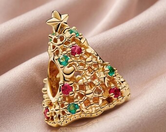 Christmas Tree Charm, 925 Sterling Silver Gold Christmas Tree Bead, Holiday Charm with Colorful CZ Stones, Compatible with Pandora Bracelets