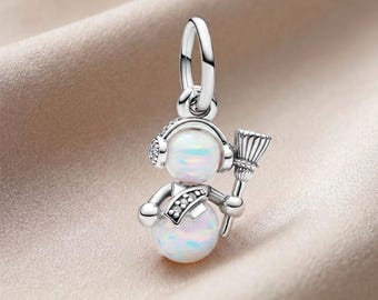 Snowman Charm, 925 Sterling Silver Winter Dangle, Opal Snowman Pendant, Christmas Bracelet, Compatible with Pandora Bracelets, Holiday Gift