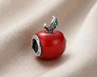 Red Apple Dangle Charm, Silver Plated Fruit Pendant, Cute Enamel Charm Bead, Compatible with Pandora Bracelets, Gift for Her
