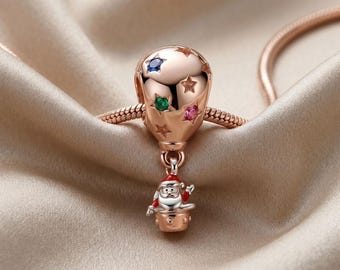 Santa Hot Air Balloon Charm, 925 Sterling Silver Christmas Dangle, Holiday Bead, Compatible with Pandora Bracelets, Christmas Gift for Her