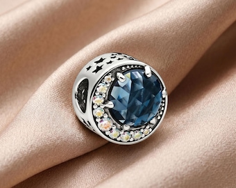 Midnight Blue Crystal Charm, S925 Sterling Silver Star Bead, Celestial Night Sky, Compatible with Pandora Bracelets, Jewelry Gift for Her