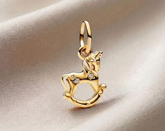 Rocking Horse Unicorn Charm, 925 Sterling Silver Gold Unicorn Dangle, Fantasy Bracelet, Compatible with Pandora Bracelets, Gift for Her