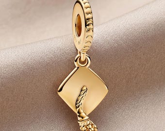 Graduation Cap Dangle Charm, S925 Sterling Silver, Gold Graduation Hat Pendant, Compatible with Pandora Bracelets, Class of 2025 Gift