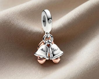 Wedding Bells Dangle Charm, S925 Sterling Silver Mr & Mrs Charm, Wedding Anniversary Bead, Compatible with Pandora Bracelets, Bride Gift