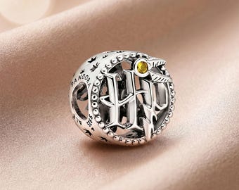 HP Monogram Charm, Initial Letter Bead with Golden Crystal Accent, Wizard Inspired, Compatible with Pandora Bracelets, Personalized Gift