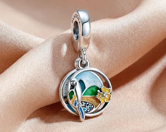 Brazilian Beach and Parrot Charm, Colorful Enamel Bird Pendant, Exotic Island Charm, Compatible with Pandora Bracelets, Nature Lover Gift