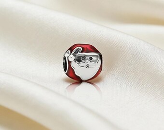 Santa Claus Christmas Charm, 925 Sterling Silver Red Enamel Santa Bead, Holiday Bracelet, Compatible with Pandora Bracelets, Gift for Her