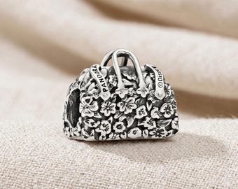 Mini Backpack Dangle Charm, Floral Detailing, Cute Travel Bag Charm, Compatible with Pandora Bracelets, Gift for Her