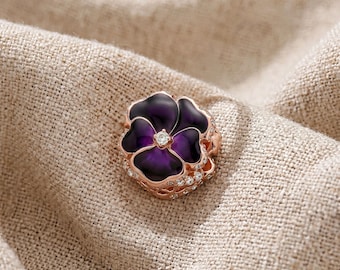 Purple Flower Charm, Rose Gold Floral Bead with CZ Accents, Violet Enamel Blossom Charm, Compatible with Pandora Bracelets, Gift for Her