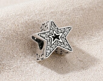 Star Charm, S925 Sterling Silver Sparkling Star Bead, CZ Crystal Celestial, Compatible with Pandora Bracelets, Galaxy Jewelry Gift for Her