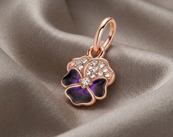 925 Sterling Silver Purple Four Leaf Clover Dangle Charm, Rose Gold Lucky Clover, Compatible with Pandora Bracelets, Gift for Her