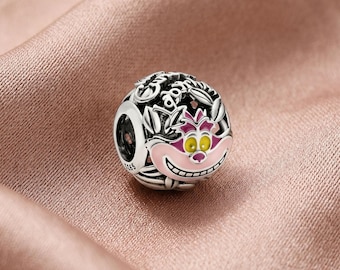 Silver Plated Disney Cheshire Cat Dangle Charm, Cartoon Character Bead,Pink & Yellow Enamel, Compatible with Pandora Bracelets, Gift for Her