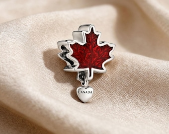 Red Maple Leaf Dangle Charm, Canada Souvenir Pendant, Enamel Travel Charm Bead, Compatible with Pandora Bracelet, Gift for Her