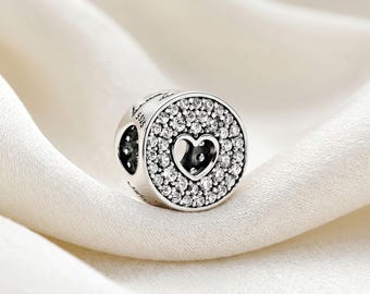 Heart Halo Charm, 925 Sterling Silver Heart Bead with Clear CZ Stones, Romantic Love Charm, Compatible with Pandora Bracelets, Gift for Her