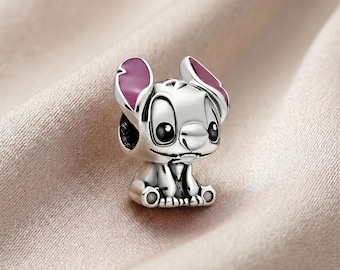 Lilo and Stitch Charm, 925 Sterling Silver Charm, Pink Enamel Charm for Bracelet, Compatible with Pandora Bracelets, Gift for Disney Fans