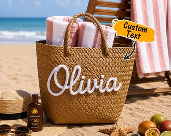 Spersonalizowana ręcznie robiona torba wiaderkowa ze słomy, torba plażowa z niestandardowym imieniem, torba podróżna w stylu boho, styl letni