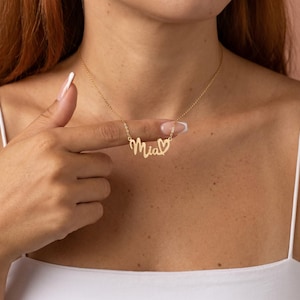 Personalized Name Necklace with Heart - Custom Gold Plated Script Nameplate - Dainty Gift for Her