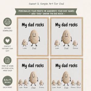 May include: A digital art bundle with four prints. Each print features the text "My dad rocks" above a cartoon rock character with a smiling face, and smaller rock characters. The prints are 8.5 x 11 inches.