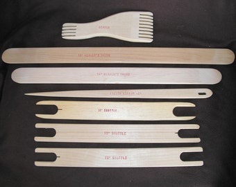 Wooden 7 pcs. weaving tools set. Comb, Shuttles, Weavers Sward and Pick Up Stick Vintage from '70s