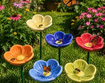 Estación de agua para abejas de cerámica hecha a mano / Estacas para regar flores y polinizadores / Baño para abejas de jardín / Decoración colorida para el jardín / Regalo para amantes de la jardinería