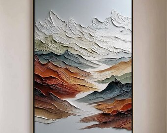 Abstract Textured Mountain Landscape Painting, Minimalist Earthy Wall Decor,Large White Terracotta Canvas For Living Room,3D Impasto Artwork