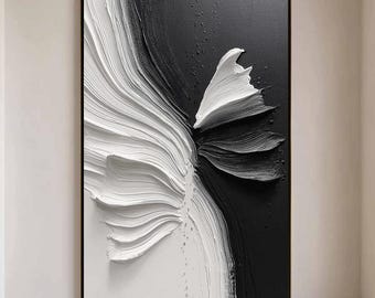 Minimalist 3D Wall Art, Black And White Abstract Painting, Textured Impasto Artwork, Large Canvas For Living Room, Modern Monochrome Decor