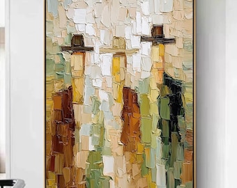 Textured Figure Painting, Large Abstract Wall Art, Original Impasto Oil On Canvas, Palette Knife Men In Hats, Neutral Earth Tone Home Decor