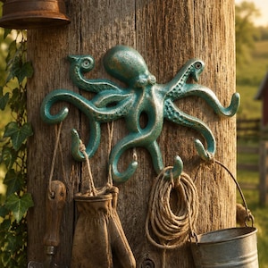 Op de afbeelding: Een turquoise octopusvormige wandhaak houdt tuingereedschap, handschoenen, touw en een kleine emmer vast. De octopus is gemonteerd op een verweerde houten paal, met een lantaarn en een rode schuur op de achtergrond.