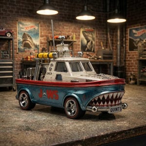 Könnte beinhalten: Ein Spielzeugauto, das dem Orca-Boot aus Jaws nachempfunden ist, mit blauem Gehäuse, rotem Jaws-Schriftzug, weißer Kabine, gelben Fässern auf dem Dach und einer Frontstoßstange in Form von Haizähnen. Das Nummernschild trägt die Aufschrift QUINT'S.
