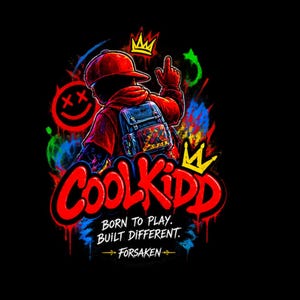 May include: A graphic illustration featuring a figure in a red cap and hoodie with a backpack, surrounded by graffiti-style splashes of color, a smiley face with X eyes, and two crowns. The text reads COOLKIDD, BORN TO PLAY. BUILT DIFFERENT. FORSAKEN.
