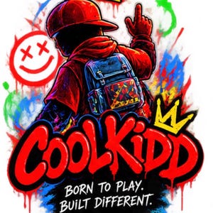 May include: A graphic illustration featuring a person in a red hoodie and cap wearing a backpack, with the text COOLKIDD, BORN TO PLAY. BUILT DIFFERENT. FORSAKEN. The design includes a yellow crown, a red smiley face with X eyes, and colorful paint splatters.