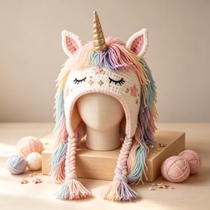 May include: A cream-colored crocheted unicorn hat featuring a gold glittery horn, pastel-colored yarn fringe hair, and two braided tassels. The hat displays embroidered closed eyes, pink and gold star accents, and two pointed ears.
