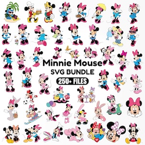 May include: A digital collection of Minnie Mouse illustrations featuring various poses, outfits, and activities. The text Minnie Mouse SVG BUNDLE 250+ FILES is centered in the middle of the image, surrounded by numerous colorful character graphics.