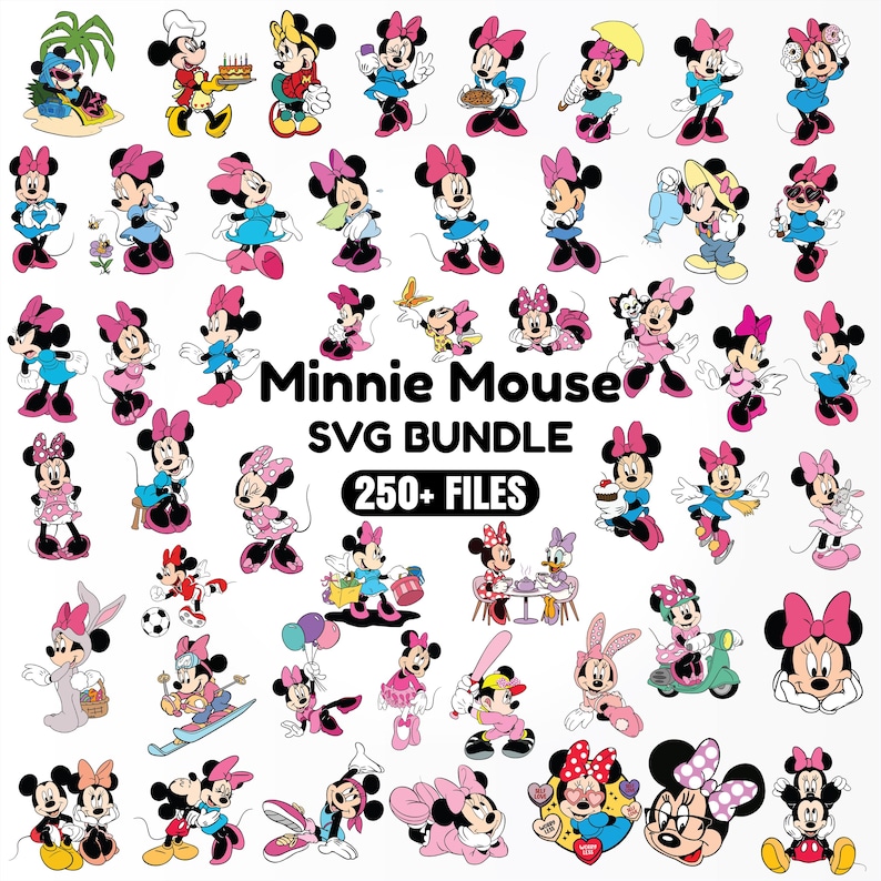May include: A digital collection of Minnie Mouse illustrations featuring various poses, outfits, and activities. The text Minnie Mouse SVG BUNDLE 250+ FILES is centered in the middle of the image, surrounded by numerous colorful character graphics.