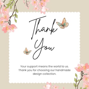 May include: A rectangular thank you card with a scalloped white border on a beige background. The card features watercolor-style pink cherry blossoms on branches, two small butterflies, and the text Thank You followed by a message of gratitude.