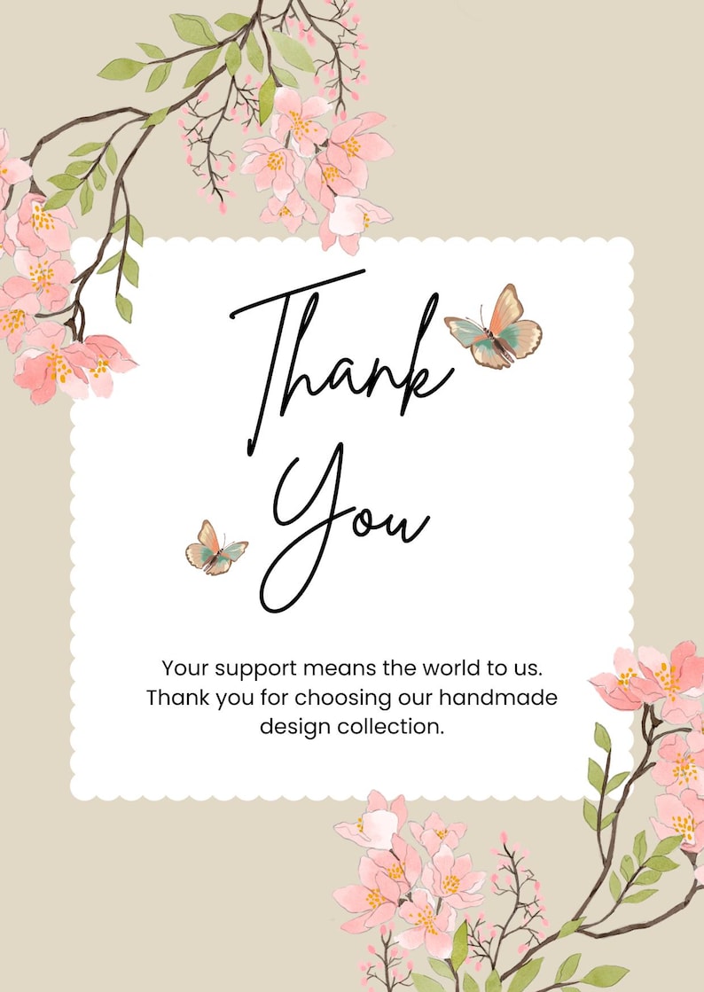 May include: A rectangular thank you card with a scalloped white border on a beige background. The card features watercolor-style pink cherry blossoms on branches, two small butterflies, and the text Thank You followed by a message of gratitude.