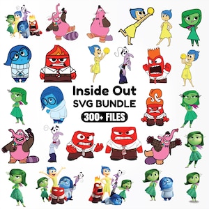 May include: A digital collection of Inside Out character illustrations featuring Joy, Sadness, Anger, Disgust, and Bing Bong in various poses. The text Inside Out SVG BUNDLE 300+ FILES is centered among the colorful cartoon graphics.