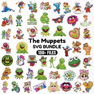 Könnte beinhalten: Eine digitale Sammlung von Muppets-Charakterillustrationen mit Kermit der Frosch, Miss Piggy, Fozzie Bär, Animal und Gonzo in verschiedenen Posen. Der Text lautet The Muppets SVG BUNDLE 150+ FILES, Kermit the Frog For President und Muppet Babies.
