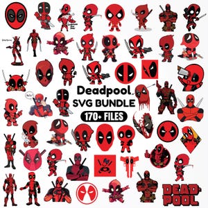Op de afbeelding: Een digitale collectie van Deadpool-karakterafbeeldingen met meer dan 170 individuele bestanden. De set bevat diverse rode en zwarte illustraties van het personage in verschillende houdingen, met zwaarden of wapens, naast logo's en teksten.