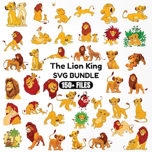Könnte beinhalten: Eine digitale Sammlung von König der Löwen-Figuren mit verschiedenen Illustrationen von Löwen, Jungtieren und anderen Tieren in Gelb-, Orange- und Brauntönen. Der Text lautet The Lion King SVG BUNDLE 150+ FILES in Schwarz und Weiß.