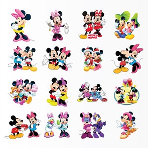 May include: A collection of sixteen individual graphic illustrations featuring Mickey Mouse and Minnie Mouse in various poses, outfits, and activities, including holding balloons, wearing winter clothing, and interacting with other characters.